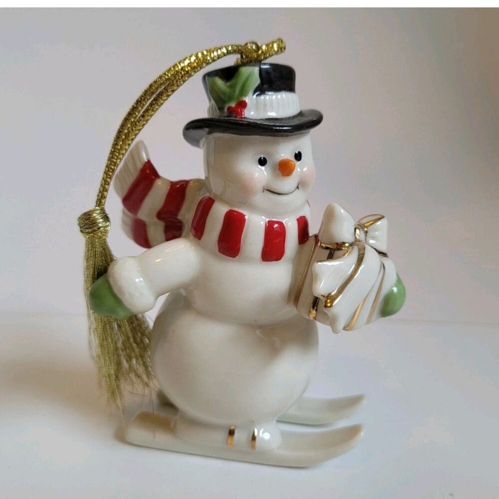 Lenox Christmas Ornament Snowman on Skis Present Porcelain